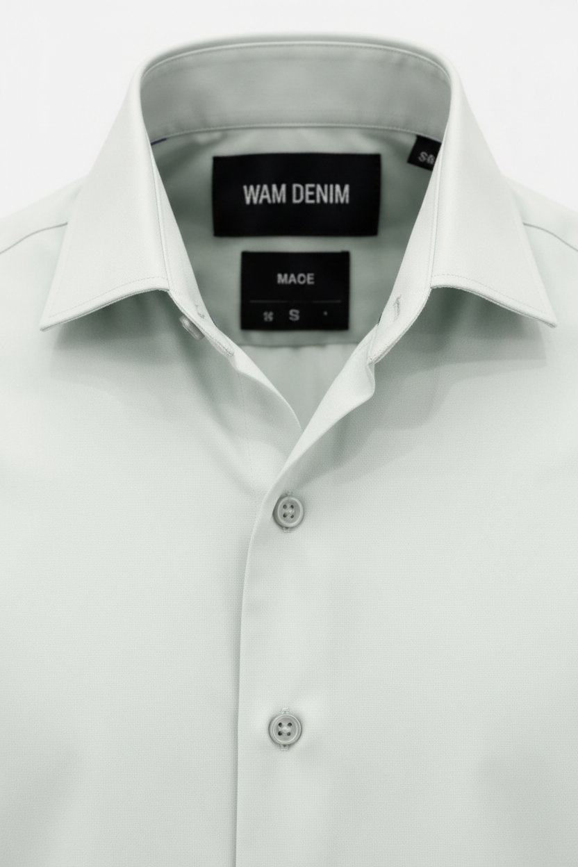 Wam Denim Kalden Mint Shirt – spread collar with white inner lining and navy trim close-up