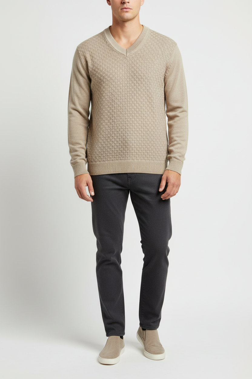Close view of the ribbed V-neck and basket-weave front texture of the Forge beige sweater
