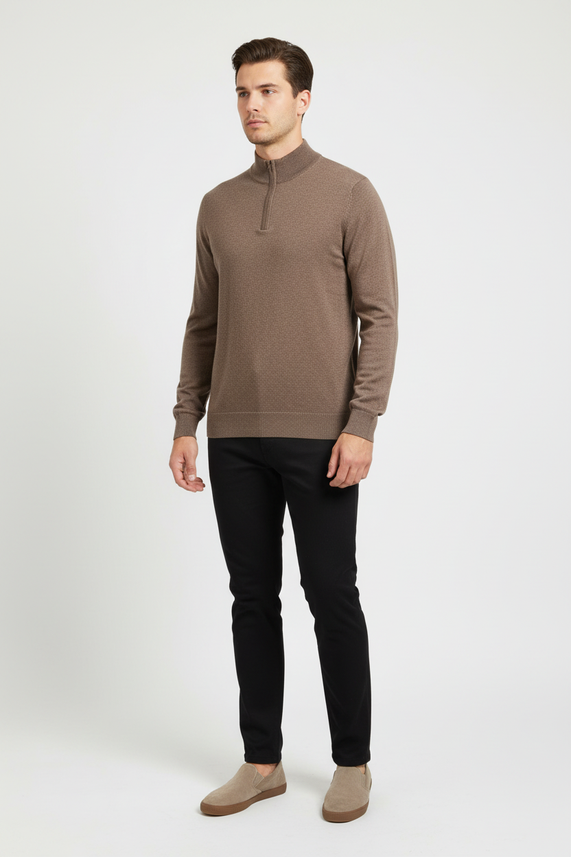 Male model wearing a brown quarter-zip sweater in a three-quarter view