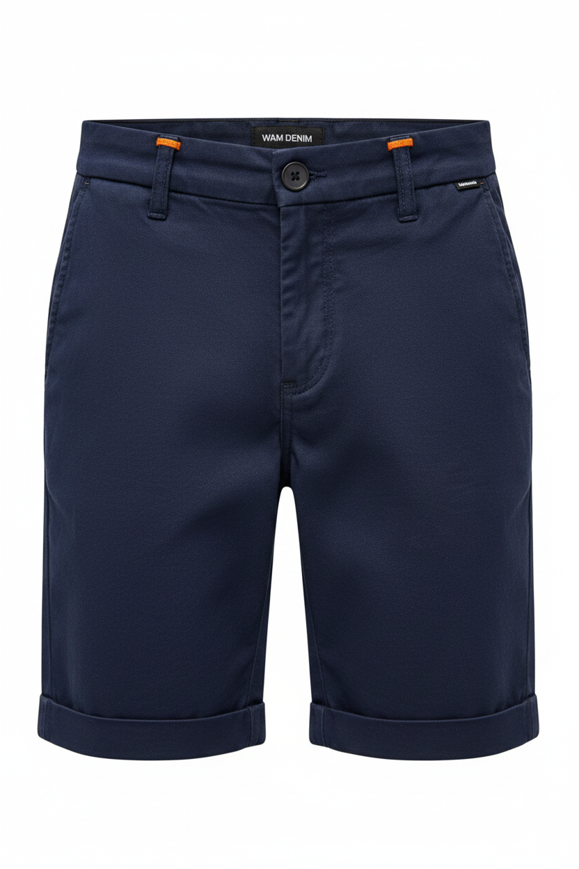Wam Denim Kelden Navy Chino Shorts – waistband, belt loops and orange accent detail
