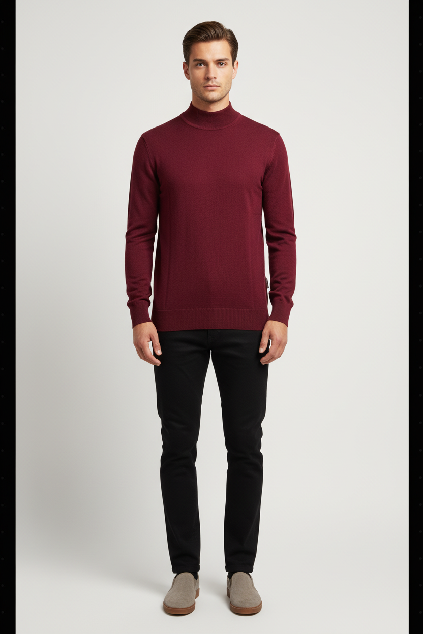 Close view of the high ribbed mock neck and fine-knit texture of the Lux dark-red sweater