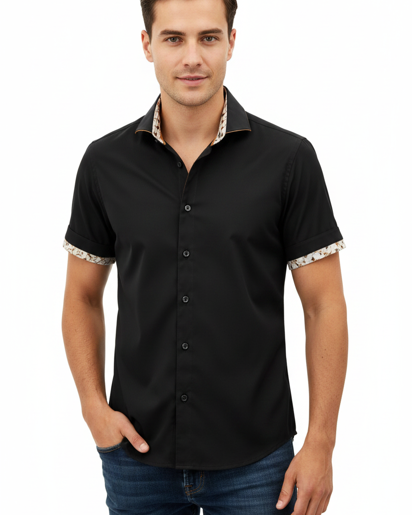 Wam Denim Grexon Black Short Sleeve Shirt – three-quarter view on model, casual style