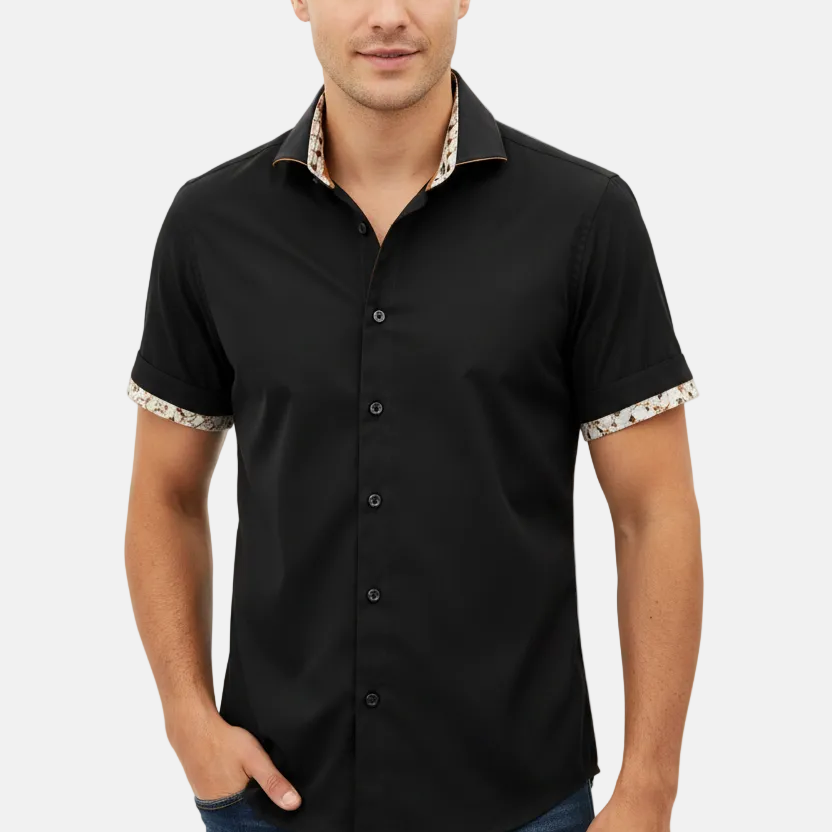 Wam Denim Grexon Black Short Sleeve Shirt – three-quarter view on model, casual style