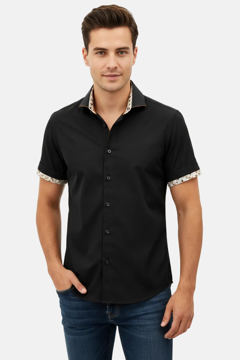 Wam Denim Grexon Black Short Sleeve Shirt – three-quarter view on model, casual style