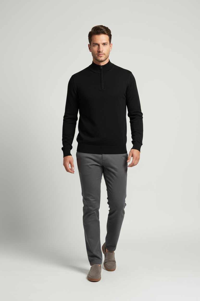 Male model in a walking pose wearing the Wam Denim Halron black quarter-zip knit sweater