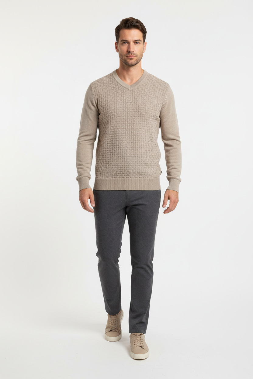 Male model in a walking pose wearing the Wam Denim Forge beige textured V-neck sweater