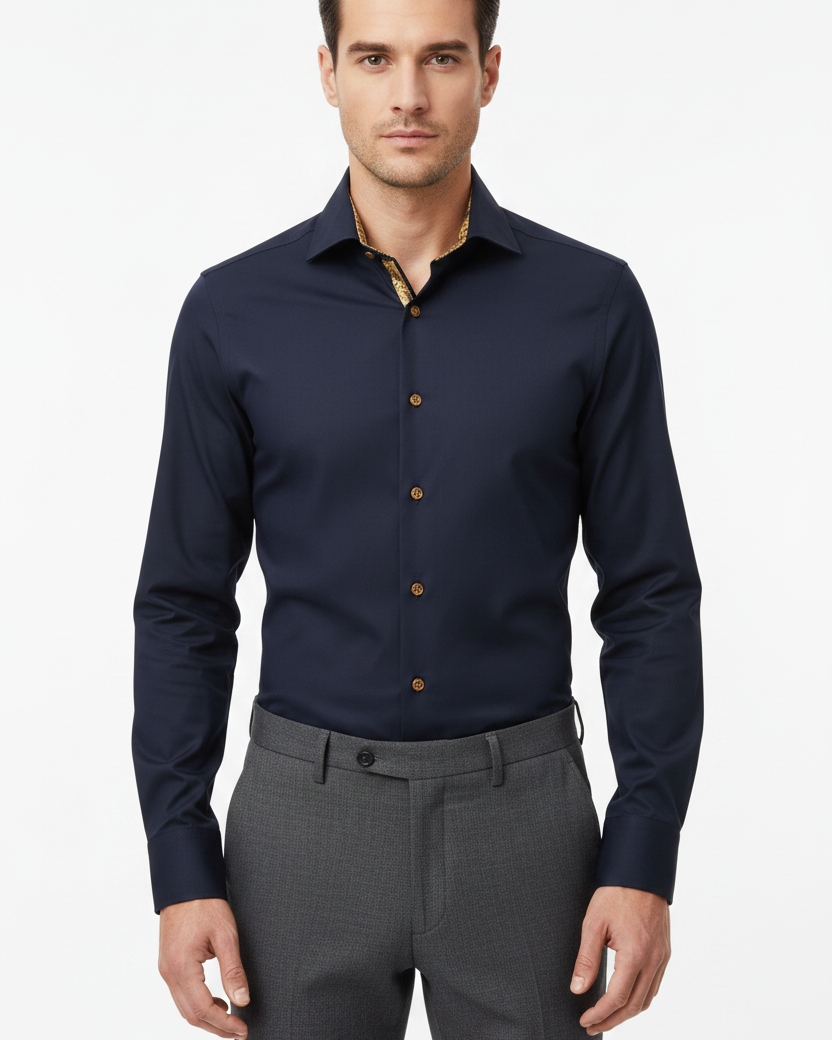 Wam Denim Ordin Navy Long Sleeve Shirt – model front view, tucked in