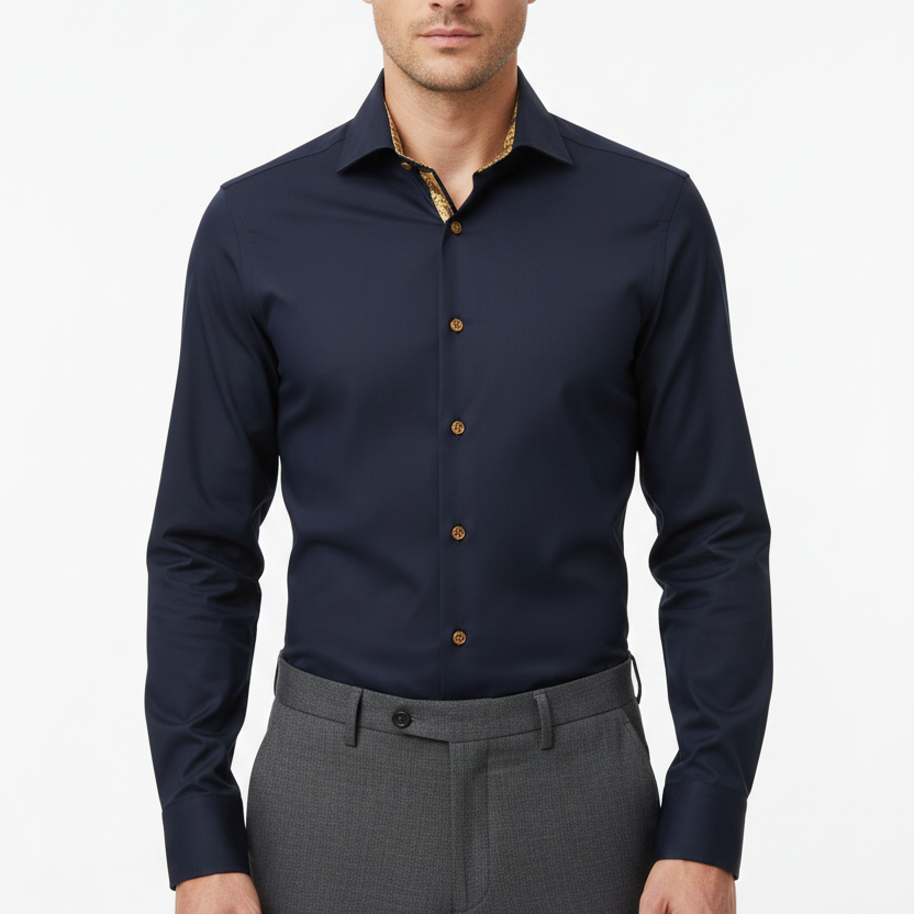 Wam Denim Ordin Navy Long Sleeve Shirt – model front view, tucked in