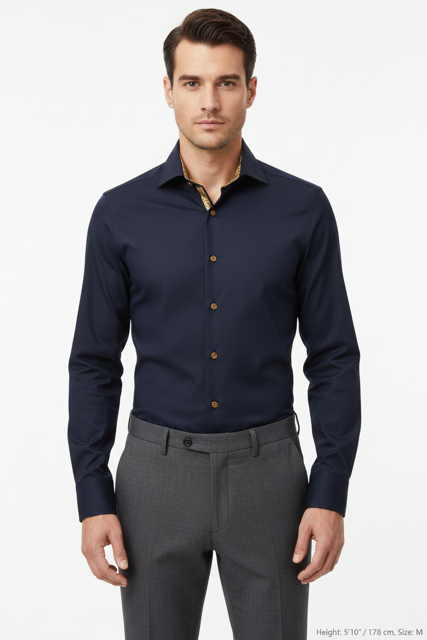 Wam Denim Ordin Navy Long Sleeve Shirt – model front view, tucked in