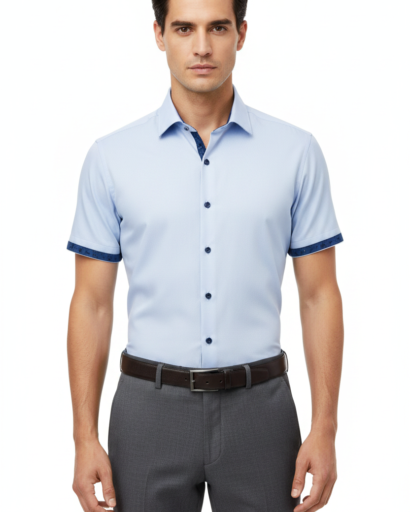 Wam Denim Seldor Blue Short Sleeve Shirt – model front view, tucked in