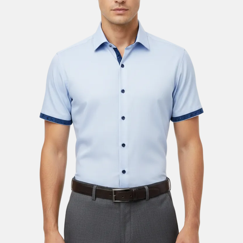 Wam Denim Seldor Blue Short Sleeve Shirt – model front view, tucked in