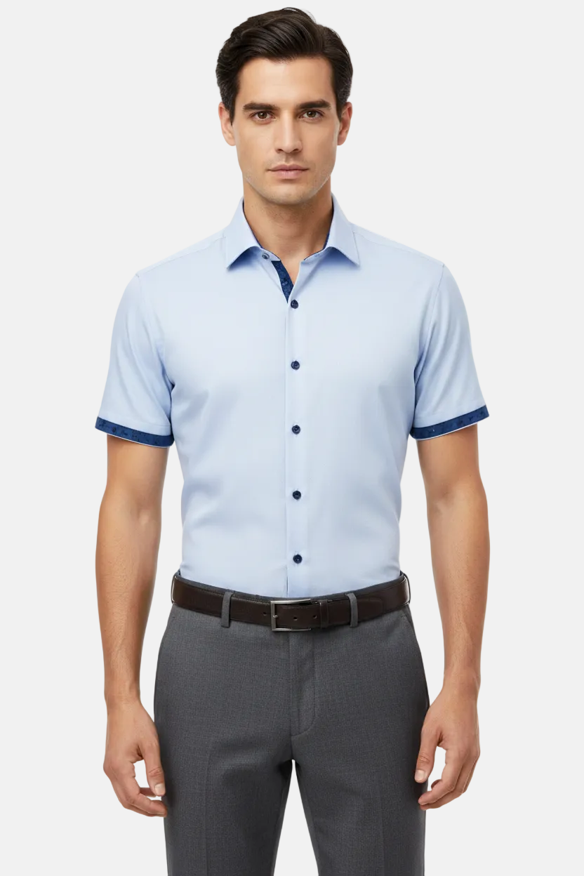 Wam Denim Seldor Blue Short Sleeve Shirt – model front view, tucked in