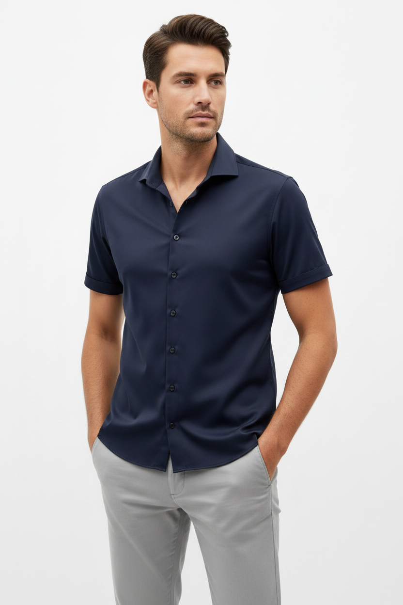 Wam Denim Lorven Navy Short Sleeve Shirt – three-quarter view on model, casual style