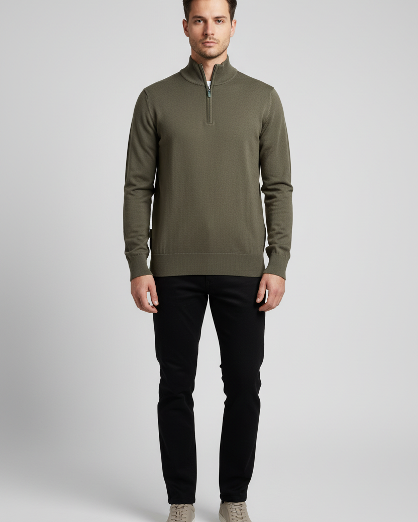 Male model wearing the Wam Denim Shrap khaki pullover, front view
