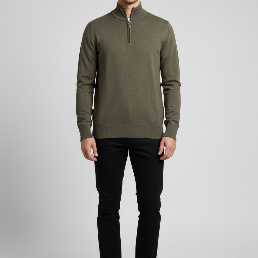 Male model wearing the Wam Denim Shrap khaki pullover, front view