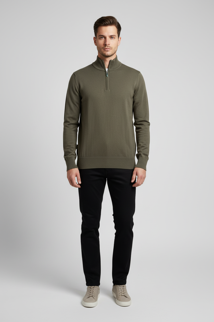Male model wearing the Wam Denim Shrap khaki pullover, front view