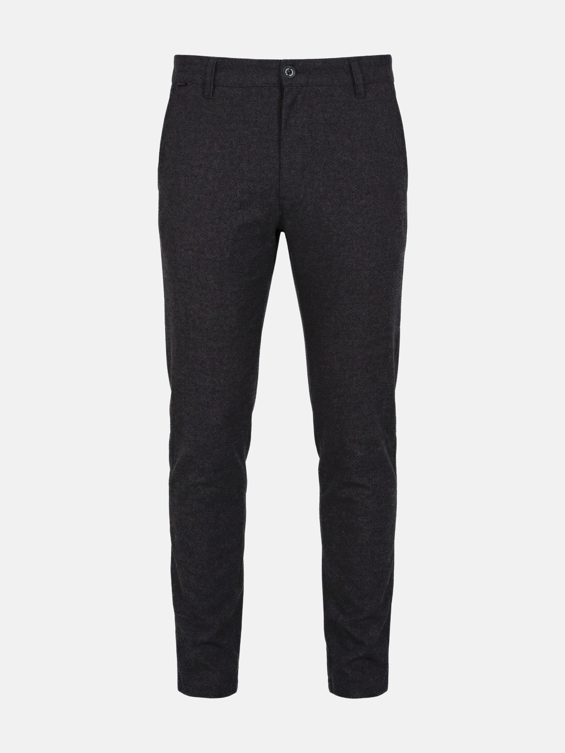Dark grey men’s chino trousers with slim fit, clean front, and tailored silhouette.