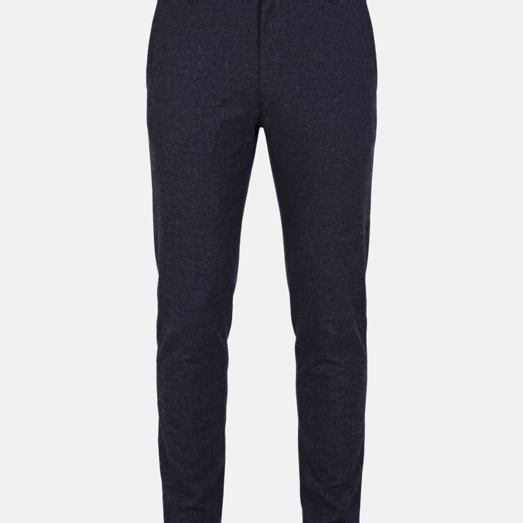 Dark navy men’s chino trousers with slim fit, clean front, and tailored silhouette.