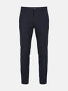 Dark navy men’s chino trousers with slim fit, clean front, and tailored silhouette.