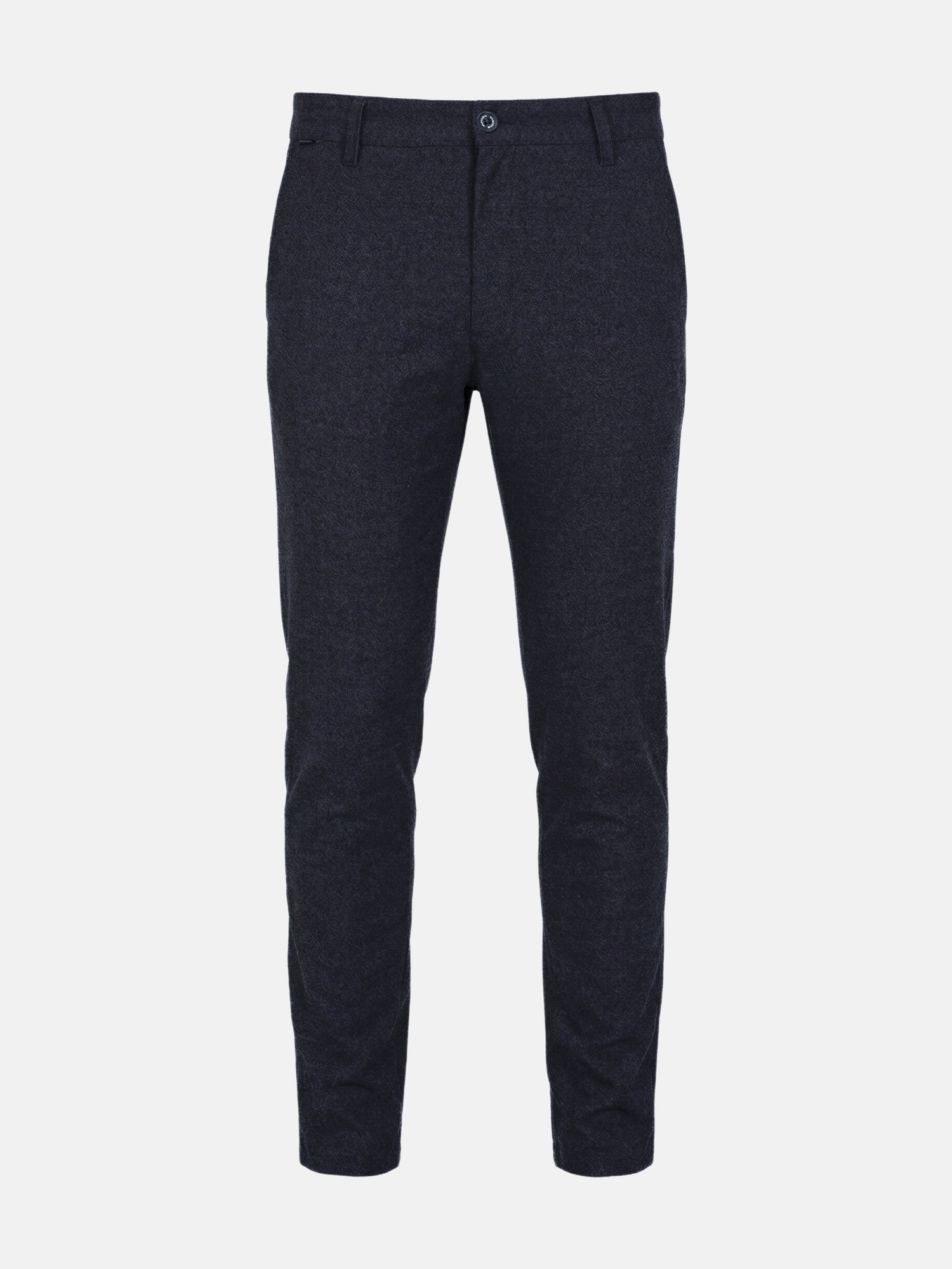 Dark navy men’s chino trousers with slim fit, clean front, and tailored silhouette.