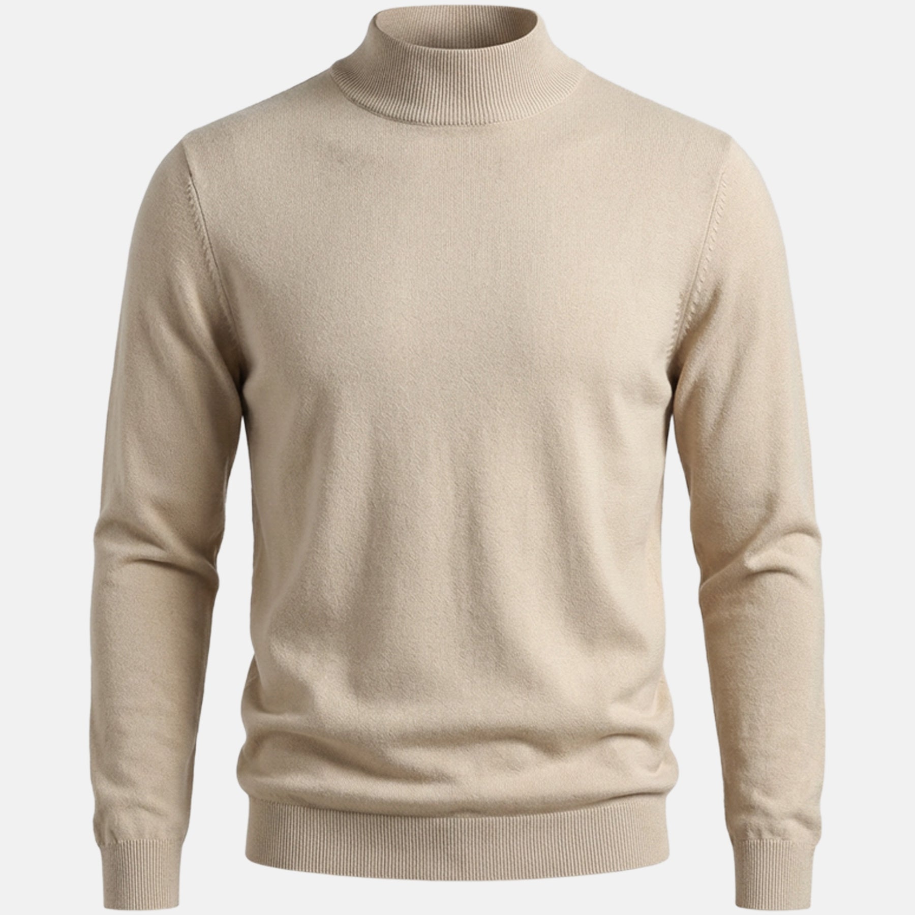 Beige men’s pullover with mock-neck design displayed on a plain white background.