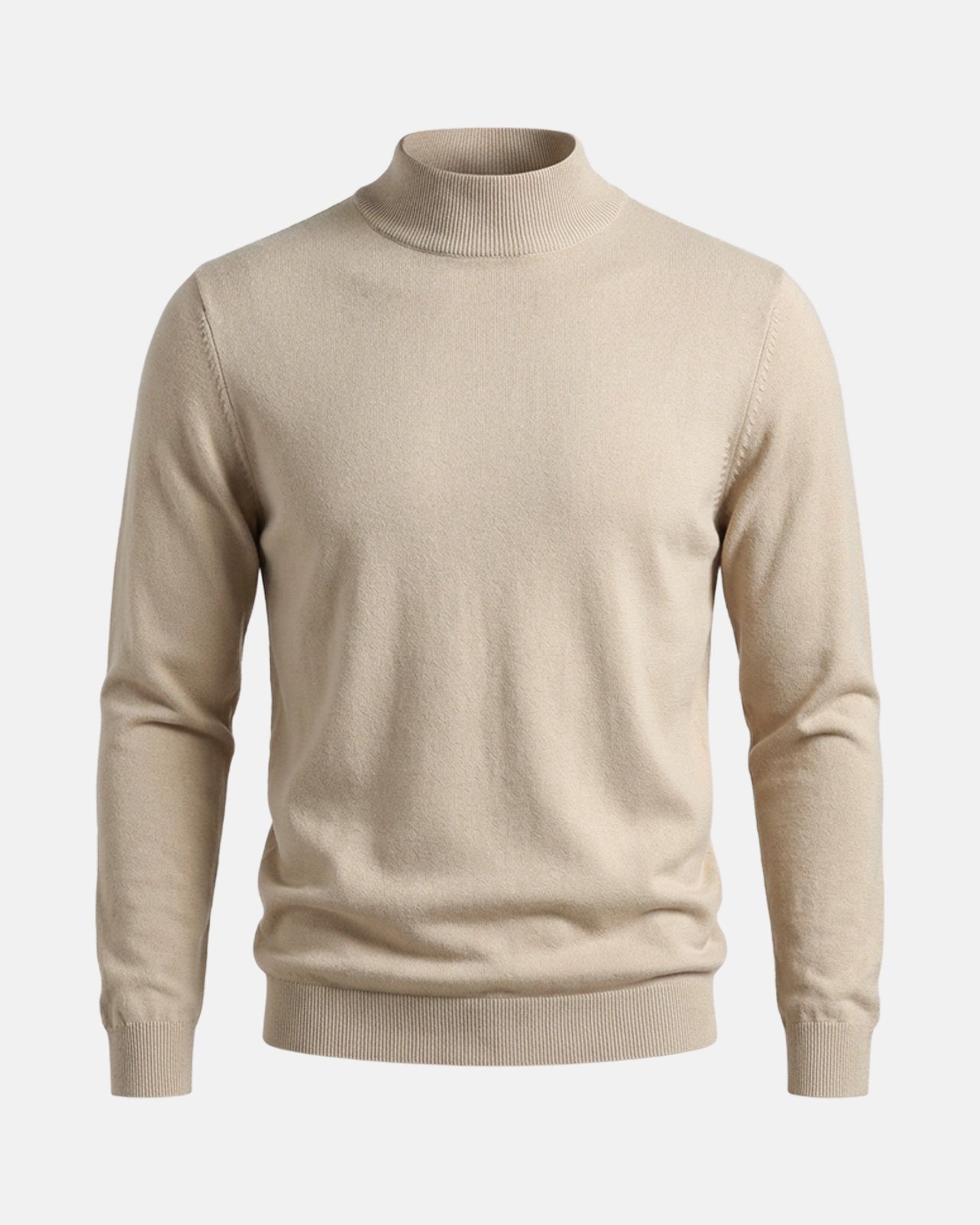 Beige men’s pullover with mock-neck design displayed on a plain white background.