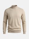 Beige men’s pullover with mock-neck design displayed on a plain white background.