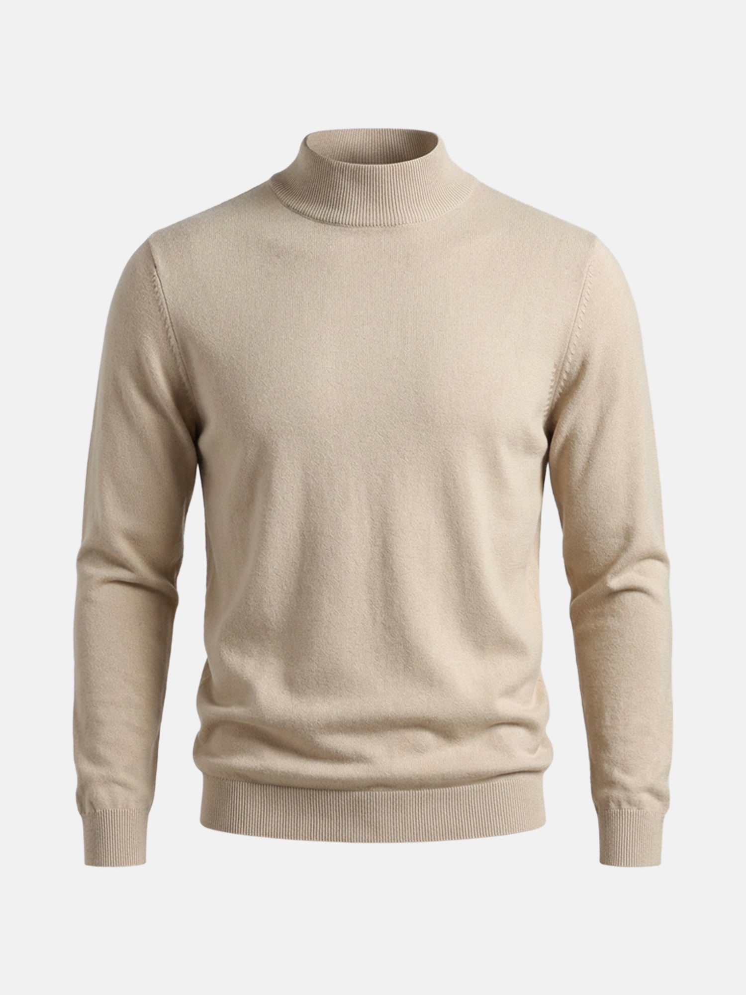 Beige men’s pullover with mock-neck design displayed on a plain white background.