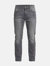 Slim-fit grey denim jeans with classic five-pocket design and subtle faded finish.