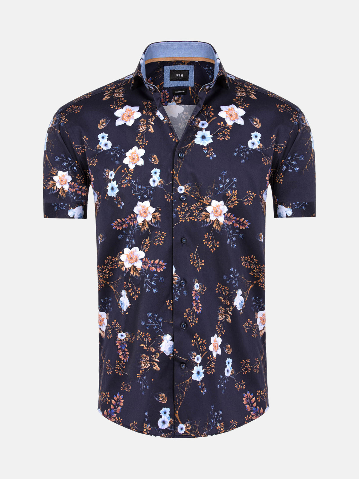 Navy floral print men’s shirt with short sleeves and tailored fit