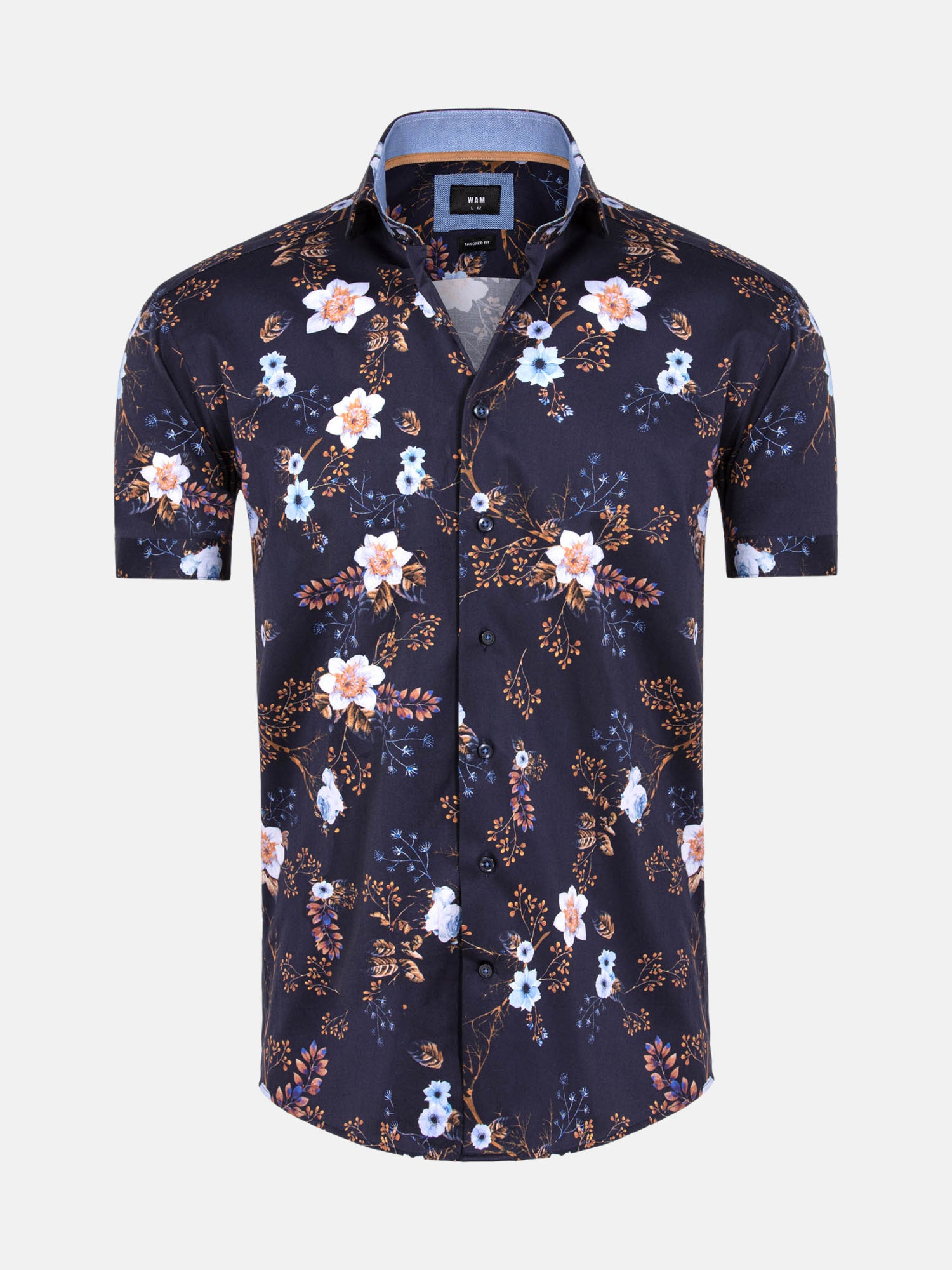 Navy floral print men’s shirt with short sleeves and tailored fit
