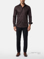 Model wearing brown tailored fit men’s shirt with black trousers and brown shoes