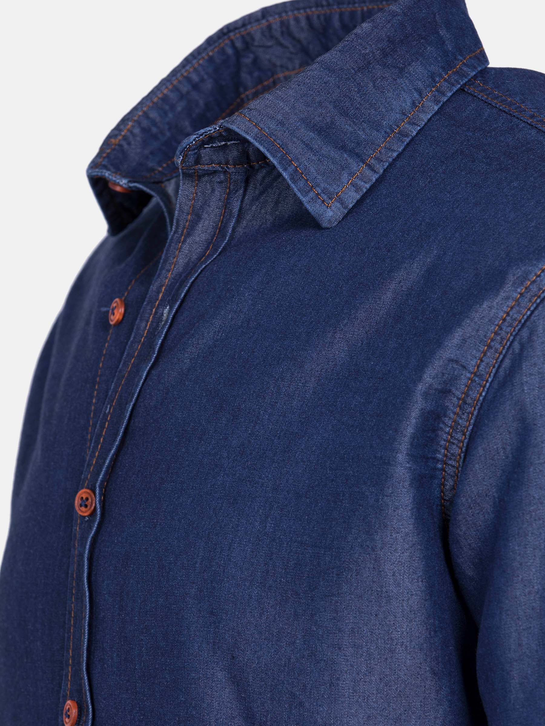 Close-up of navy men’s shirt collar with contrast stitching and buttons