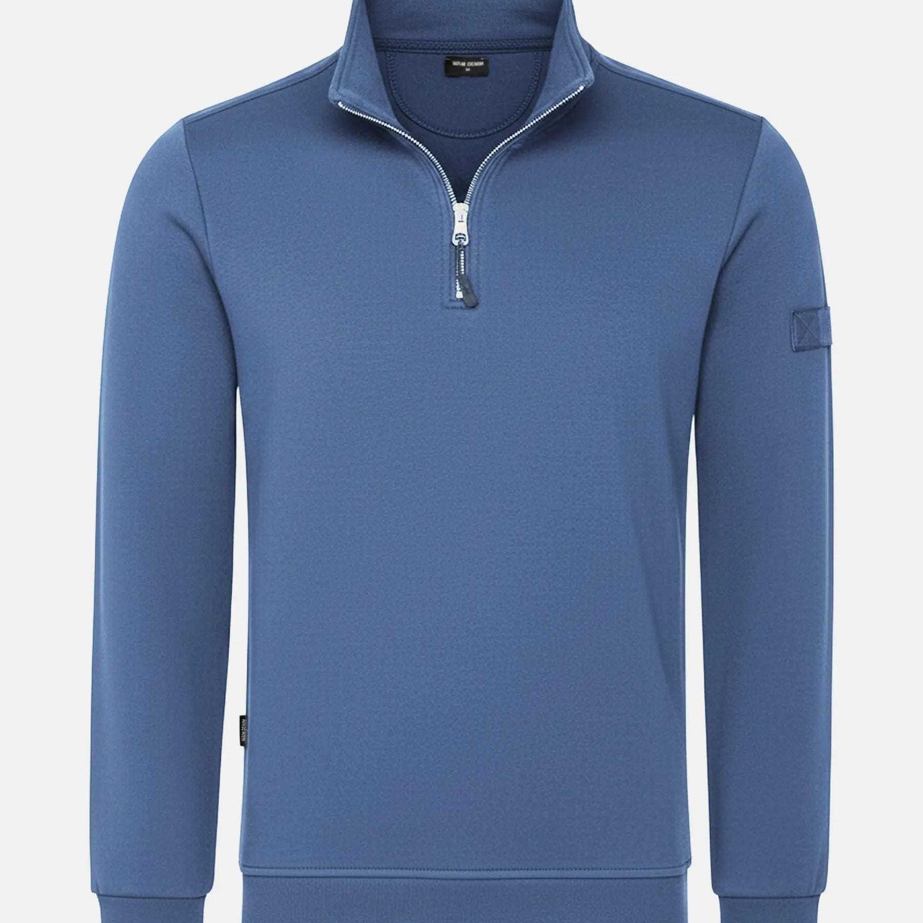 Indigo men’s quarter-zip sweater with high collar, Prime Indigo sweater.