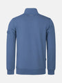 Back view of indigo men’s quarter-zip sweater in the Prime Indigo style.