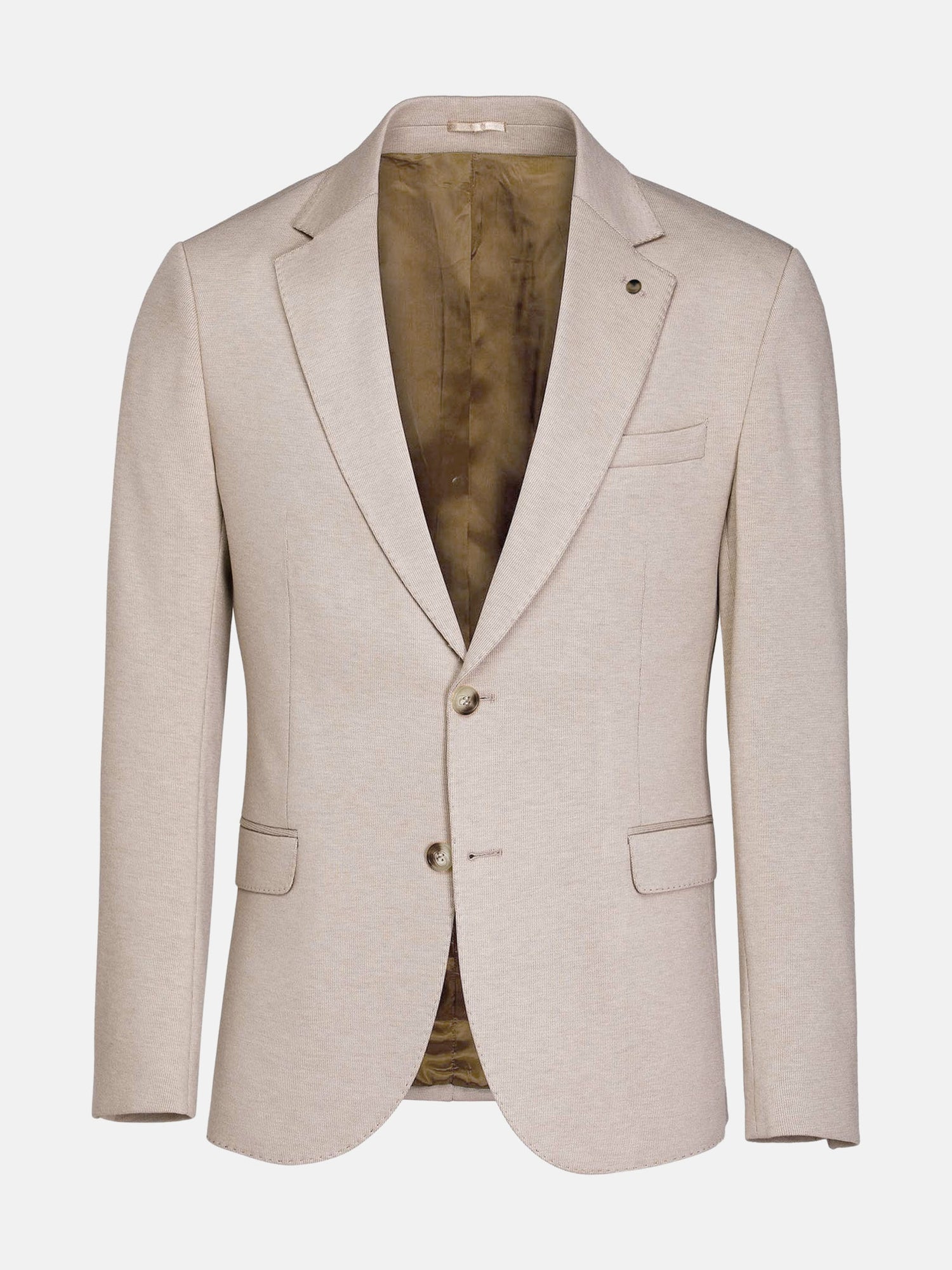 Men’s beige blazer with notch lapel and two-button closure