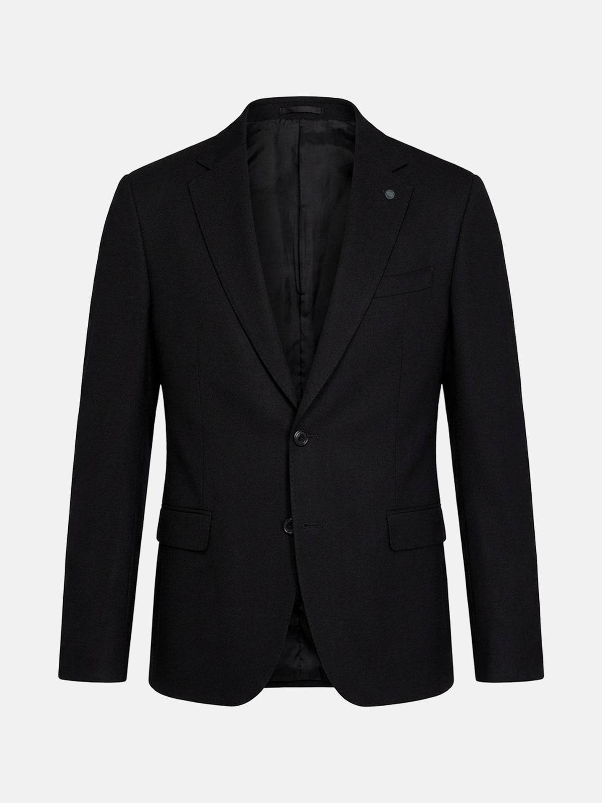 Men’s black suit blazer with classic notch lapel, tailored fit, and single-breasted design.
