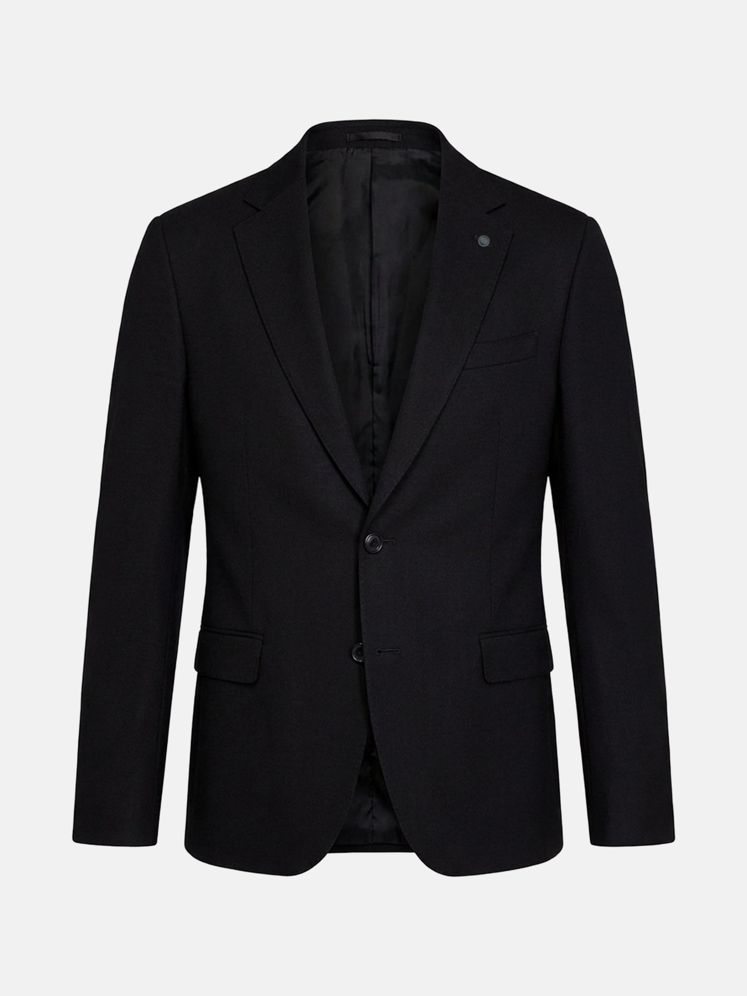 Men’s black suit blazer with classic notch lapel, tailored fit, and single-breasted design.