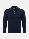 Indigo navy men’s knit sweater with textured pattern and brown button-neck design.