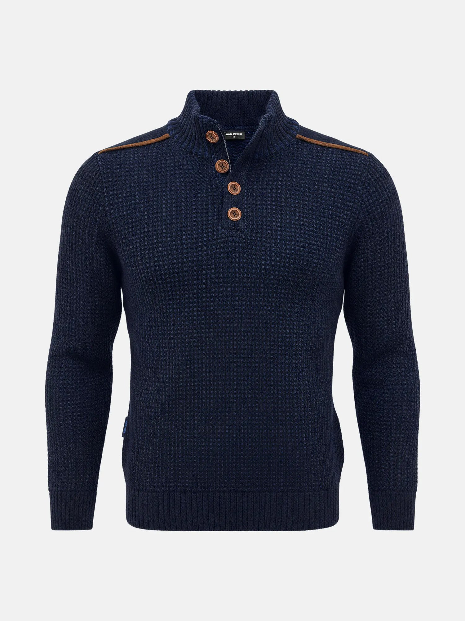 Indigo navy men’s knit sweater with textured pattern and brown button-neck design.