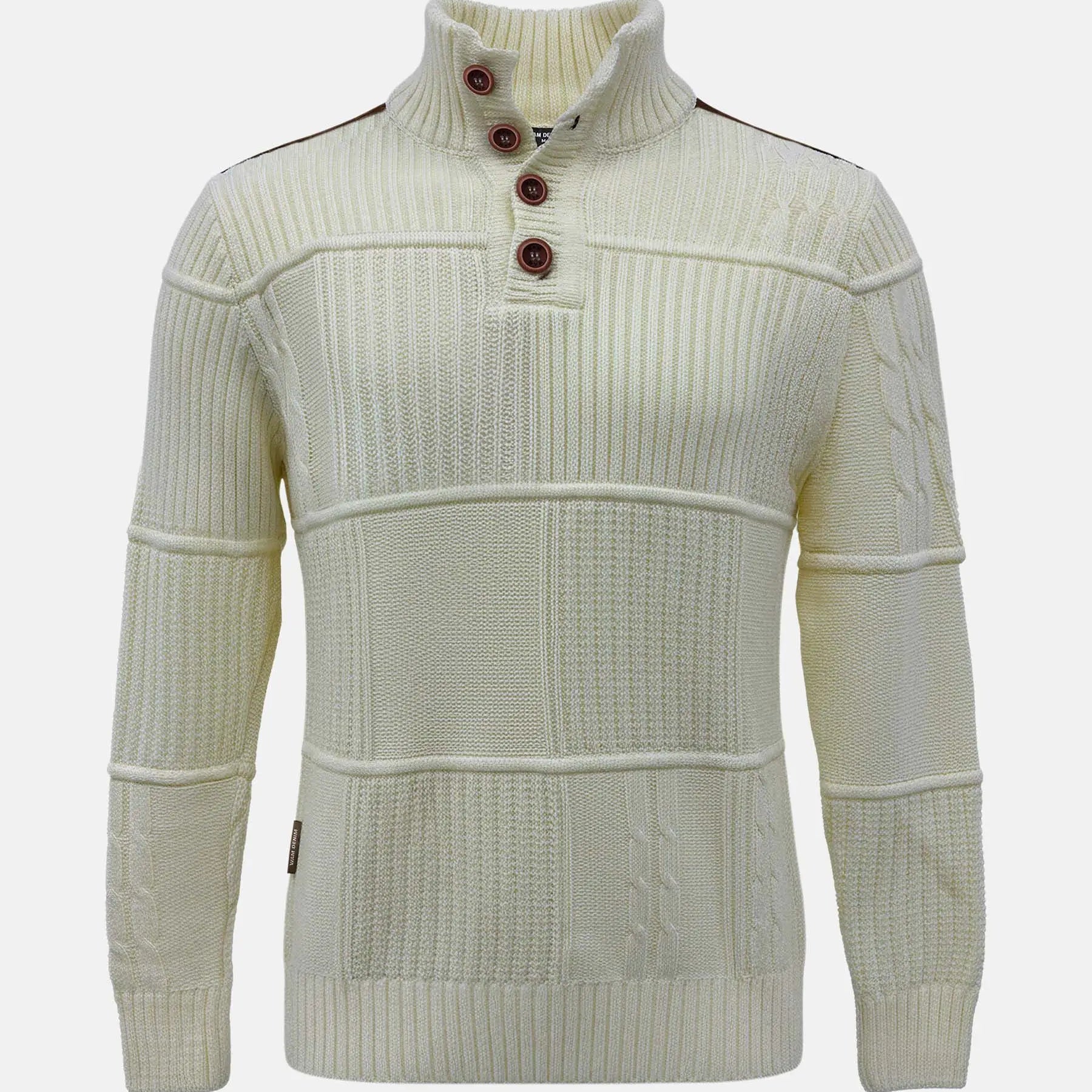 Off-white men’s knit sweater with textured panels and a high button-neck design.