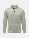 Off-white men’s knit sweater with textured panels and a high button-neck design.
