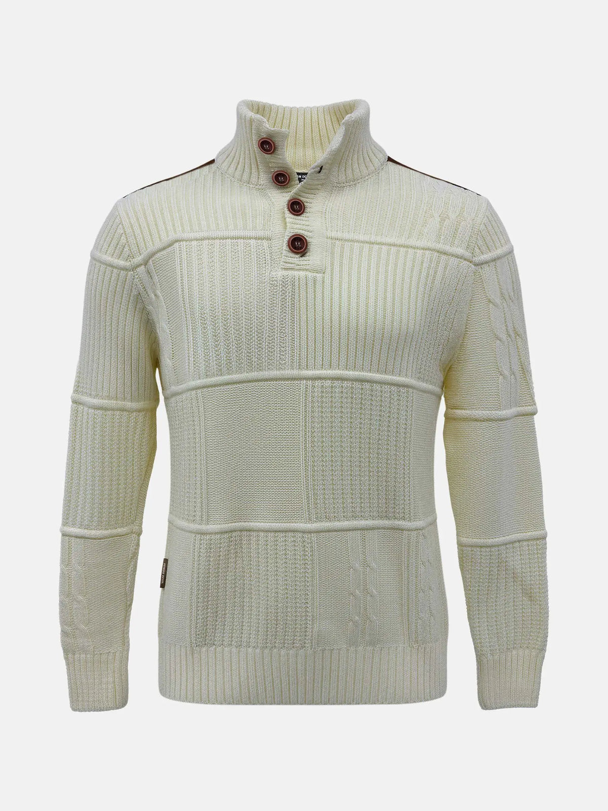 Off-white men’s knit sweater with textured panels and a high button-neck design.