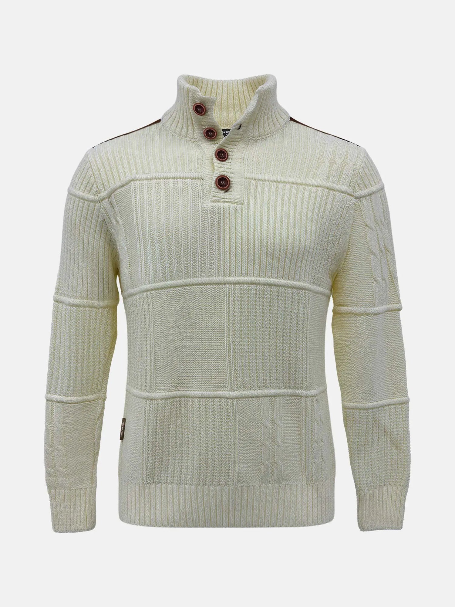 Off-white men’s knit sweater with textured panels and a high button-neck design.