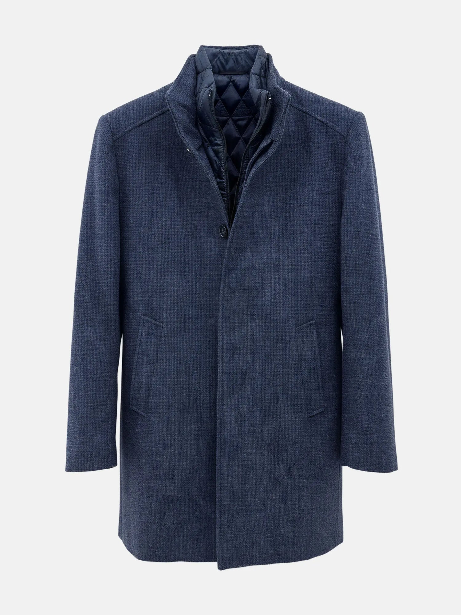 Light navy men’s trenchcoat with quilted inner lining and front button closure for winter.