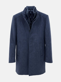Light navy men’s trenchcoat with quilted inner lining and front button closure for winter.