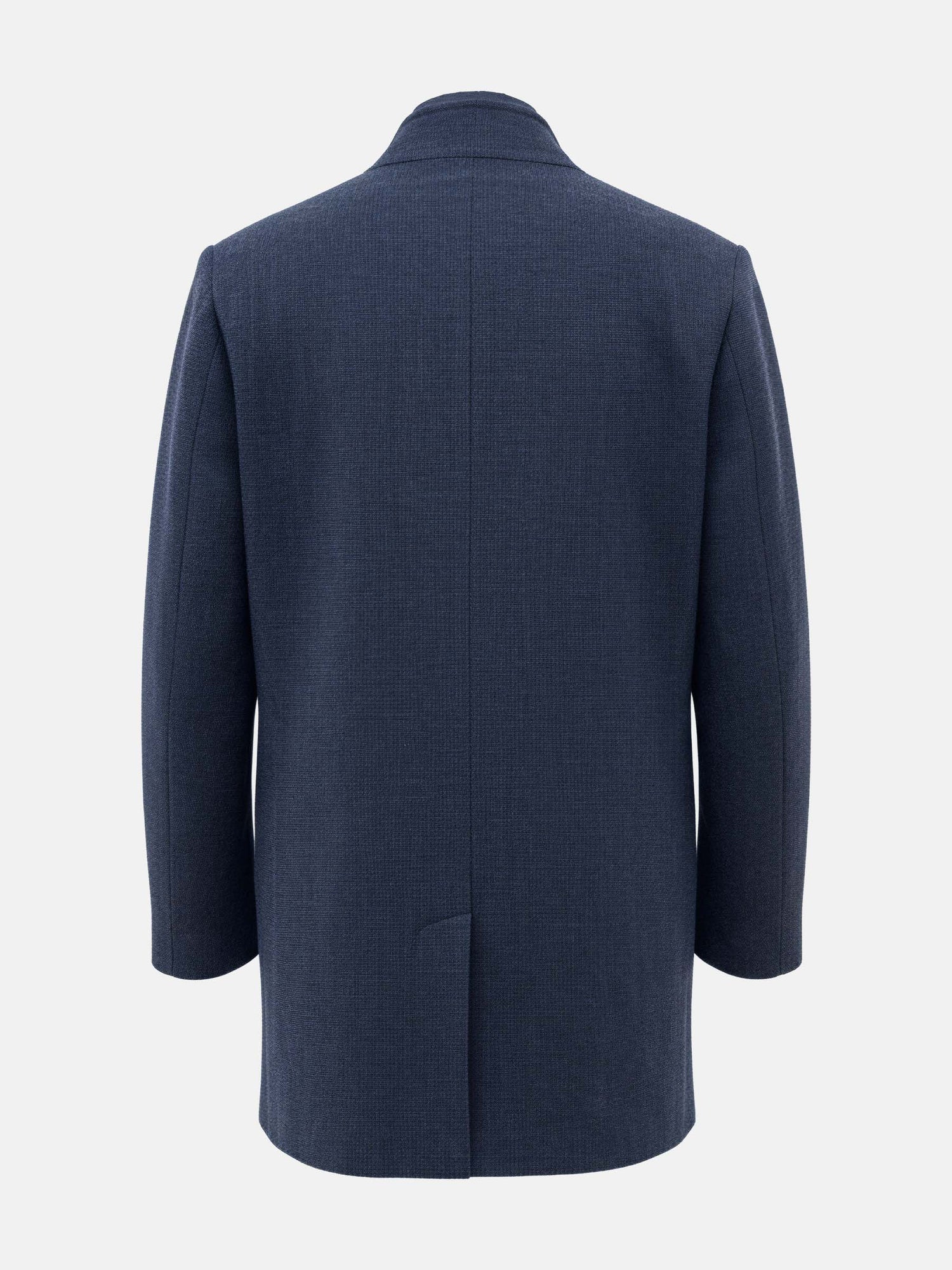 Back view of a light navy men’s trenchcoat with a clean, tailored design.