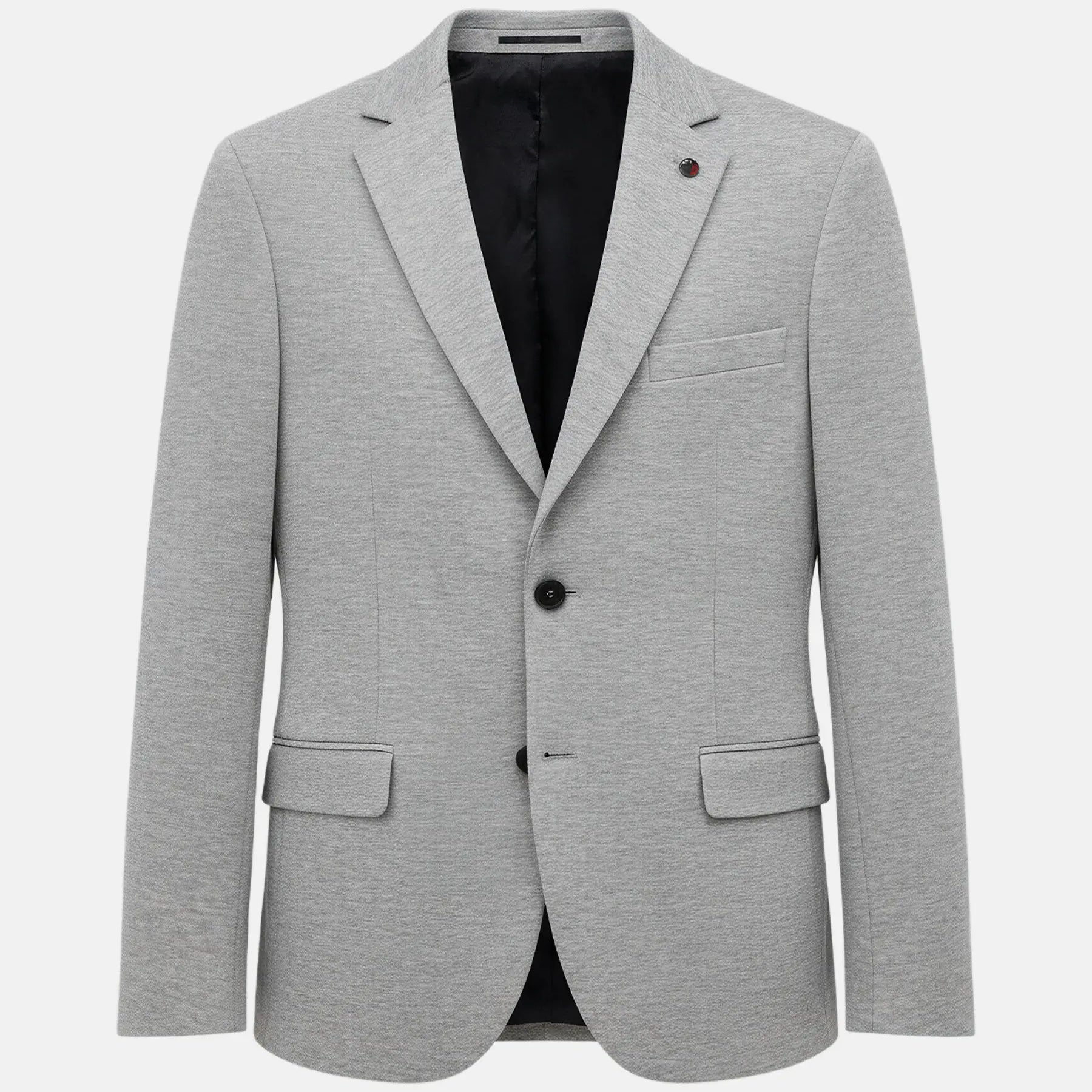 Light grey men's blazer with notch lapel and two-button closure.
