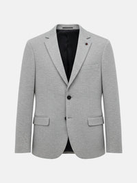 Light grey men's blazer with notch lapel and two-button closure.
