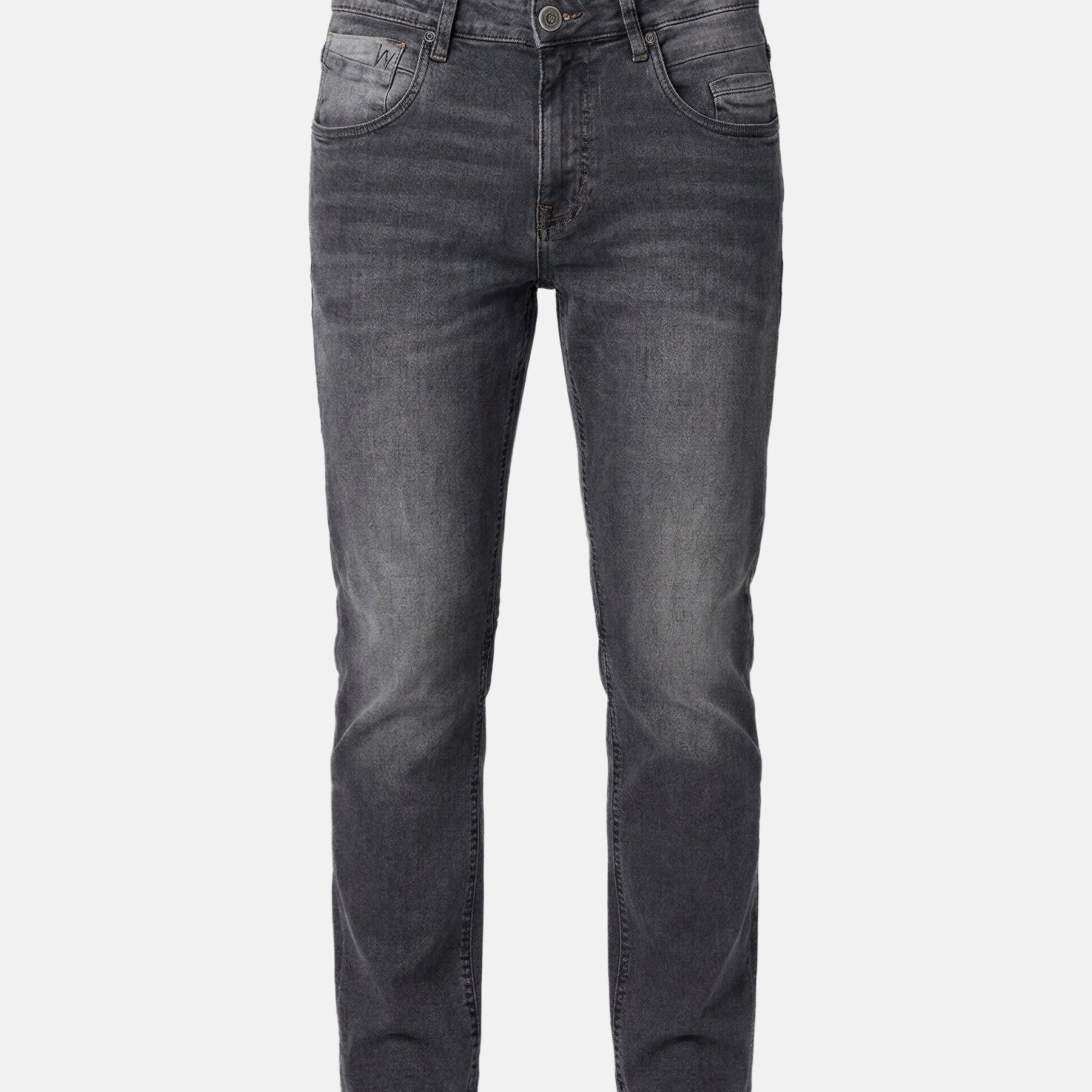 Men’s grey slim fit jeans with faded wash and classic five-pocket design.